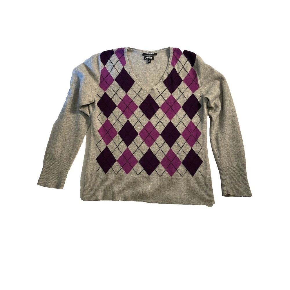 Apt 9 Cashmere Sweater Women Size XL Purple Argyle pattern 100% Cashmere